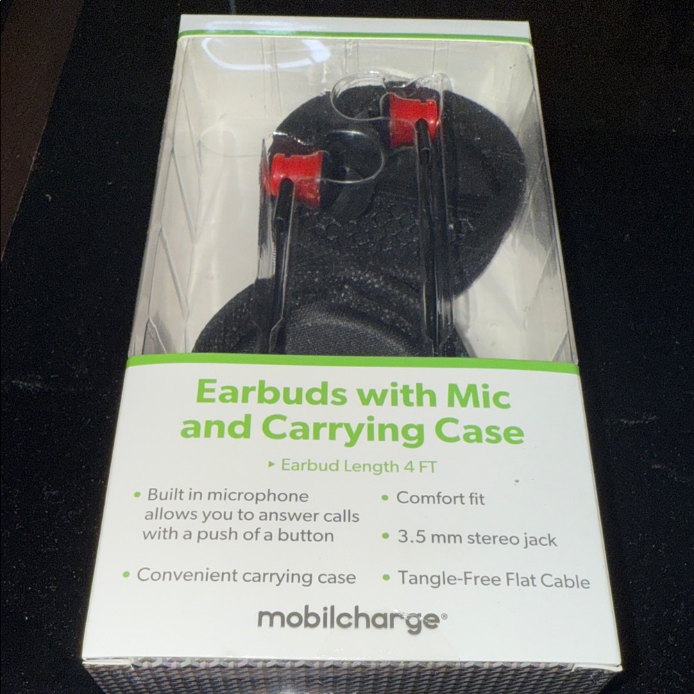 Black and Red Earbuds with Mic and Carrying Case